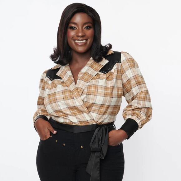 UNIQUE VINTAGE Brown Sparkle Plaid Western Wrap Crop Top {L17} - Picture 1 of 5